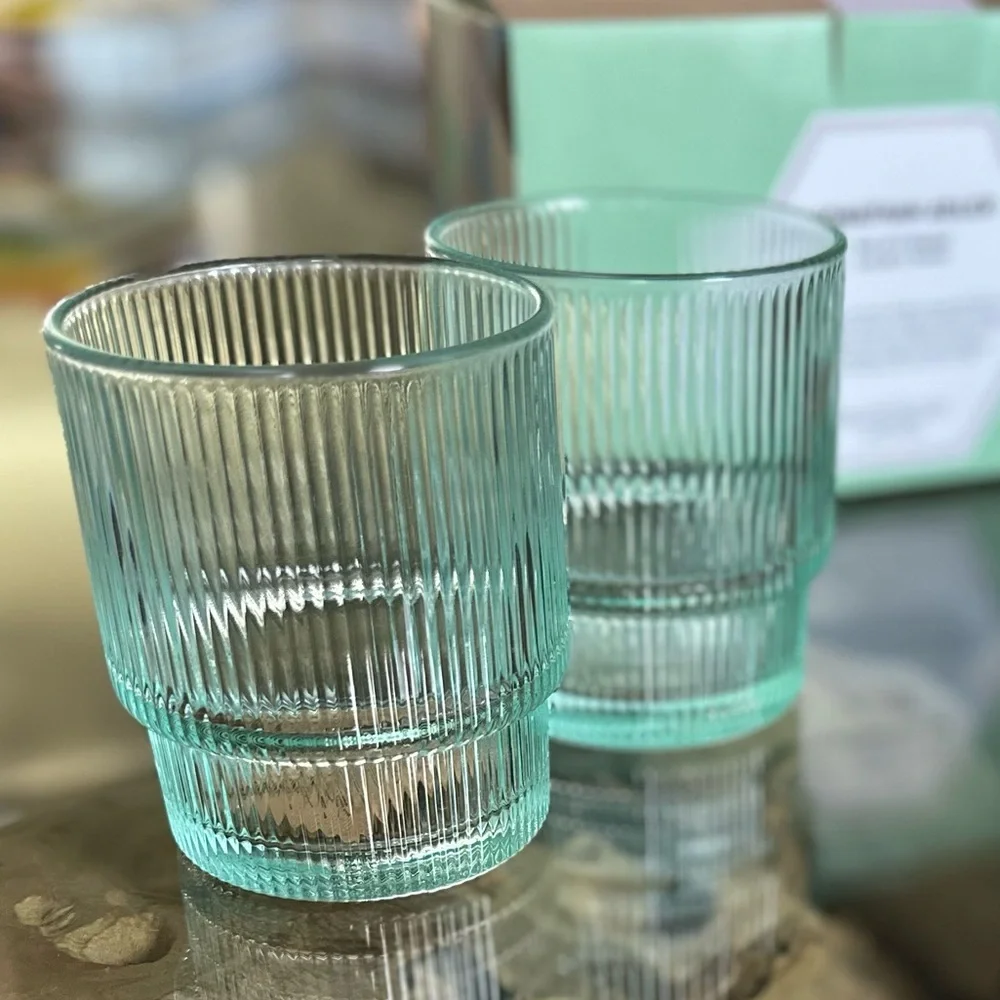 Jonathan Adler BIBA Ribbed Glassware Set of 2 NWT 13oz Aquamarine Glasses $98
